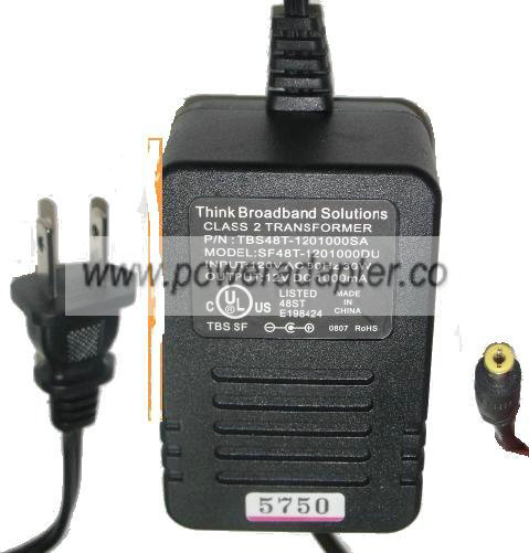 THINK BROADBAND SOLUTIONS SF48T-1201000DU AC ADAPTER 12V 1000mA - Click Image to Close
