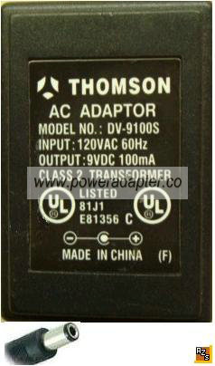 THOMSON DV-9100S AC ADAPTER 9V 100MA CLASS 2 TRANSFORMER - Click Image to Close