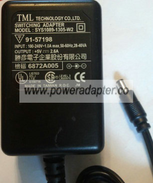 TML SYS1089-1305-W2 AC ADAPTER 5V DC 2.6A POWER SUPPLY - Click Image to Close