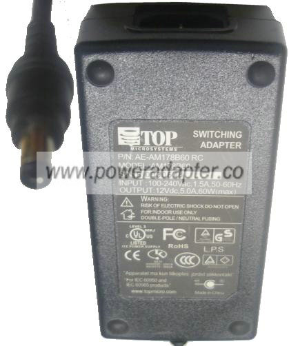 TOP MICROSYSTEM AM178B60 AC ADAPTER 12V DC 5A 60W POWER SUPPLY