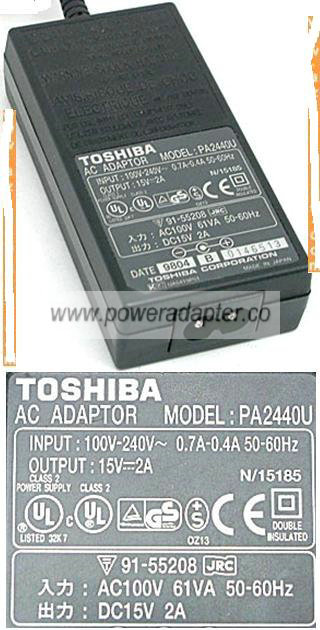 TOSHIBA PA2440U AC ADAPTER 15VDC 2A LAPTOP POWER SUPPLY - Click Image to Close