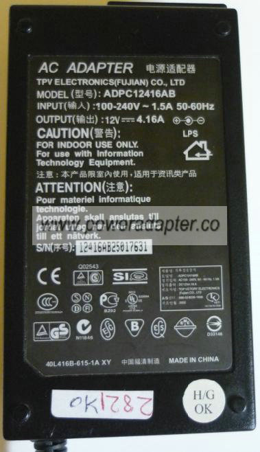 TPV ADPC12416AB AC ADAPTER 12V 4.16A ACER NOTEBOOK POWER SUPPLY