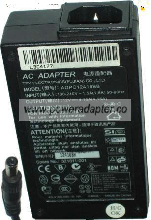 TPV ELECTRONICS ADPC12416BB AC ADAPTER 12VDC 4.16A POWER SUPPLY - Click Image to Close