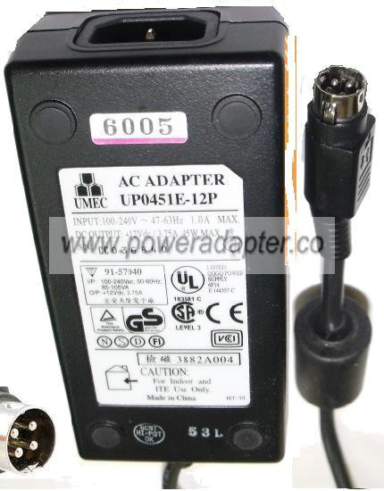 UMEC UP0451E-12P AC ADAPTER 12Vdc 3.75A (: :) 4PIN mini DIN 10mm - Click Image to Close
