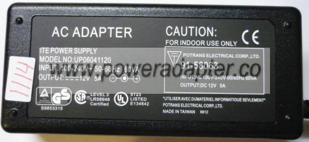 Finecom UP06041120 AC ADAPTER 12VDC 5A ITE Replacement POTRANS - Click Image to Close
