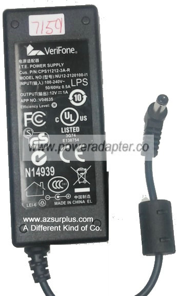 VERIFONE NU12-2120100-I1 AC ADAPTER 12V 1A Used -( )- 2.5 x5.5mm