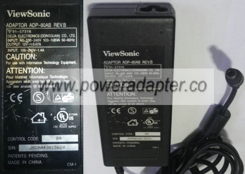 VIEWSONIC ADP-80AB AC ADAPTER 12VDC 6.67A 3.3x6.4mm -( )- POWER - Click Image to Close