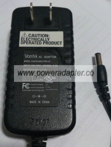 VOHK KSAFE0900270W1US AC ADAPTER 9VDC 2.7A 2.2 x 5.5 x 12mm
