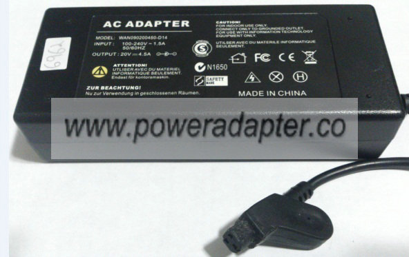 WAN090200450-D14 AC ADAPTER 20VDC Used -( )- 3 HOLE PIN