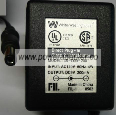 WHITE WESTINGHOUSE 35-D09-200 AC ADAPTER 9V 200mA DIRECT PLUG-IN