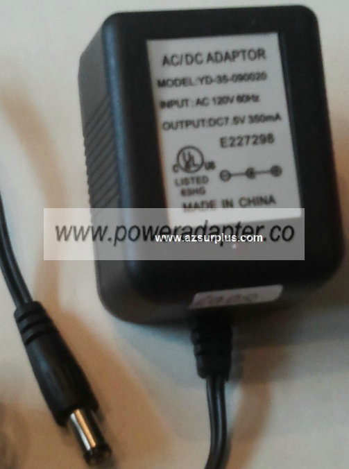 YD-35-090020 AC ADAPTER 7.5VDC 350mA - ---C--- Used 2.1 x 5.5 - Click Image to Close