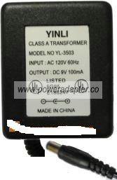 YINLI YL-3503 AC ADAPTER 9VDC 100mA POWER SUPPLY - Click Image to Close