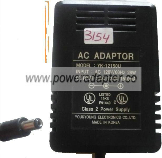 YOUKYOUNG YK-12150U AC DC ADAPTER 12V 1500mA CLASS 2 POWER SUPPL