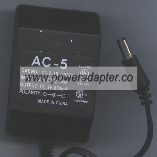 AC-5 41-2-15-0.8ADC AC ADAPTER 9Vdc 850 mA (-) 2x5.5mm 120vac