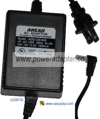AHEAD ADD-1351800 AC DC ADAPTER 13.5V 1800mA 42.4W POWER SUPPLY - Click Image to Close