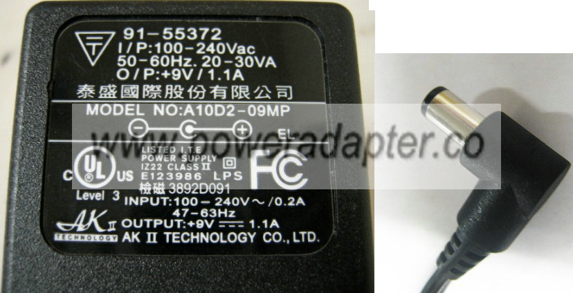 AKII TECHNOLOGY A10D2-09MP AC ADAPTER 9VDC 1A 2.5 x 5.5 x 9.3mm - Click Image to Close