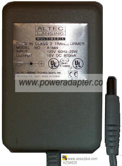 ALTEC LANSING MAU48-15-8--D1 AC ADAPTER 15Vdc 800mA -( ) 2x5.5mm - Click Image to Close