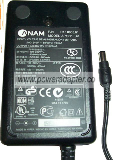 ANAM AP1211-UV AC ADAPTER 15VDC 800mA POWER SUPPLY