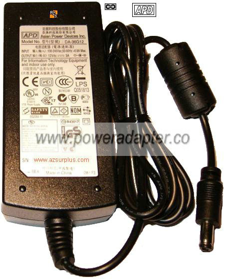 APD DA-36G12 AC Adapter 12VDC 3A Used -( ) 2.5x5.5mm 100-240vac - Click Image to Close