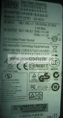 APD DA-45C01 AC Adapter 5VDC 4A 12V 2A 5PIN Power Supply 5-PIN O - Click Image to Close