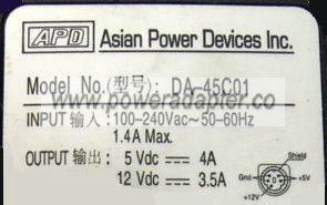 APD AC Adapter DA-45C01 5VDC 4A 12V 3.5A 5PIN Power Supply 5-PIN - Click Image to Close