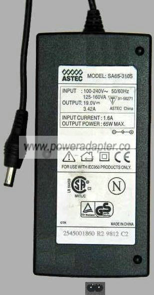 ASTEC SA65-3105 AC Adapter 19vDC 3.42A 65W Power Supply - Click Image to Close