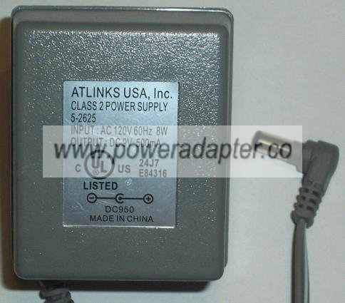 ATLINKS 5-2625 AC ADAPTER 9VDC 500MA POWER SUPPLY - Click Image to Close