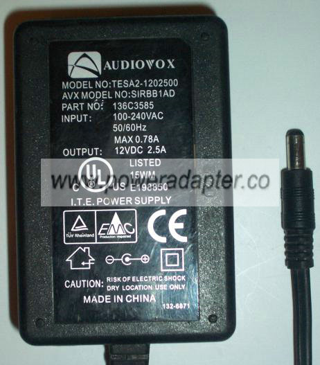 AUDIOVOX TESA2-1202500 AC ADAPTER 12VDC 2.5A POWER SUPPLY - Click Image to Close