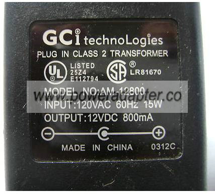 GCI AM-12800 AC ADAPTER 12VDC 800mA 15W LINEAR POWER SUPPLY - Click Image to Close