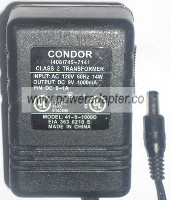 CONDOR 41-9-1000D AC ADAPTER 9V DC 1000mA POWER SUPPLY - Click Image to Close