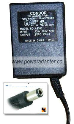 CONDOR A9500 AC ADAPTER 9VAC 500mA NEW 2.3 x 5.4 x 9.3mm - Click Image to Close