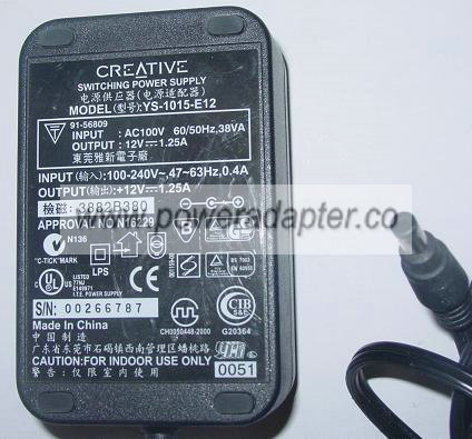 CREATIVE YS-1015-E12 12V 1.25A Switching Power Supply AC Adapter - Click Image to Close