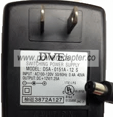 DVE DSA-0151A-12 S AC ADAPTER 12VDC 1.25A Used 2.1 x 5.4 x 9.4 m - Click Image to Close
