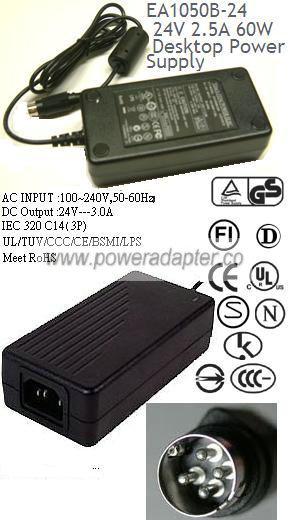 EDAC EA1050B-240 AC ADAPTER 24VDC 2.5A POWER SUPPLY for Printer