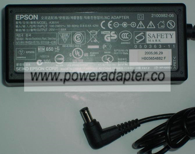 EPSON A361H AC ADAPTER 20VDC 1.68A POWER SUPPLY - Click Image to Close