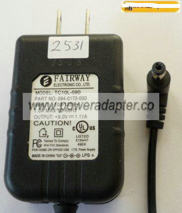 Fairway TC10L-090 AC ADAPTER 9VDC 1.11A PLUG-IN POWER SUPPLY CL