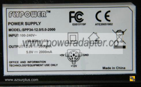 FLYPOWER SPP34-12.0/5.0-2000 AC ADAPTER 12VDC 5V 2A 6Pins Revers