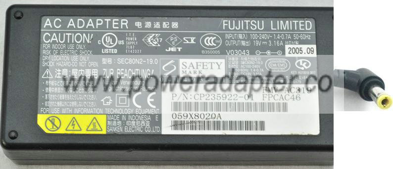 FUJITSU SEC80N2-19.0 AC ADAPTER 19VDC 3.16A NEW -( )- 3x5.5mm 1