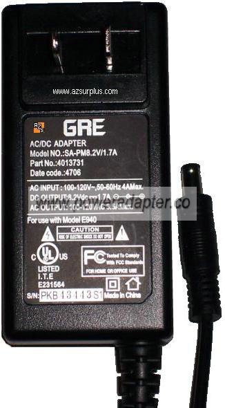 GRE SA-PM8.2V/1.7A AC ADAPTER 8.2VDC 1.7A -( )- 2x5.5mm 100-240V - Click Image to Close