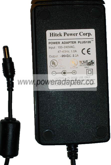 HITEK POWER PLUS120 AC ADAPTER 20VDC 2.5A Used -( ) 2.5x5.5mm 10 - Click Image to Close