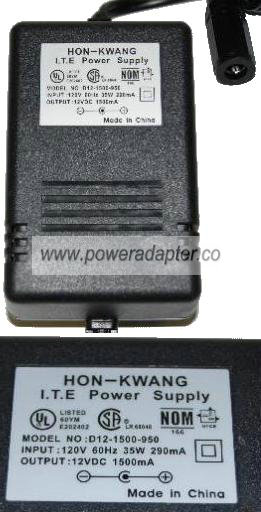 Details about    Hon-Kwang Model D12-1500-950 12VDC 1500mA 