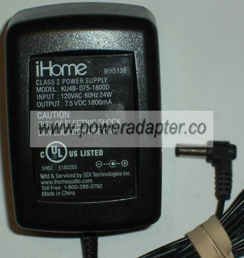 IHOME KU4B-075-1800D AC ADAPTER 7.5VDC 1800MA POWER SUPPLY