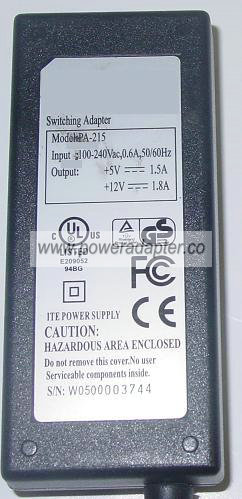 ITE PA-215 Switching AC Adapter 5VDC 1.5A 12V 1.8A 5 PINS Dual V - Click Image to Close