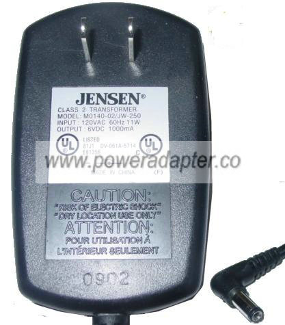 JENSEN M0140-02/JW-250 AC ADAPTER 6VDC 100mA POWER SUPPLY CLASS - Click Image to Close
