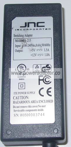 JNC PA-215 AC Adapter 5VDC 1.5A 12V 1.8A 5 PIN Switching POWER - Click Image to Close