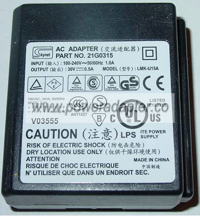 SKYNET 21G0315 AC ADAPTER 30VDC 0.5A ITE POWER SUPPLY for LEXMAR - Click Image to Close