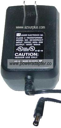 LEADER 481609RO3CT AC ADAPTER 16VDC 900mA CLASS 2 TRANSFORMER - Click Image to Close