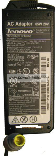 LENOVO 92P1213 AC ADAPTER 20Vdc 3.25A 65W POWER SUPPLY FOR IBM T - Click Image to Close