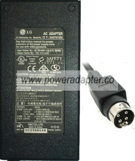 LG SAD7015SE AC ADAPTER 15VDC 4.5A LCD TV POWER SUPPLY 4Pin - Click Image to Close
