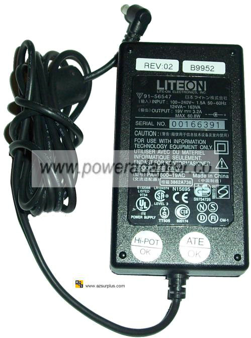 LITE-ON PA-1600-19AC AC ADAPTER 19VDC 3.2A -( )- 1.8x5.5mm 100-2 - Click Image to Close